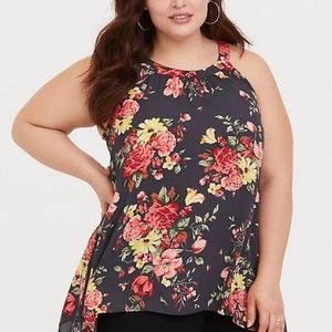 Dark Grey Floral Georgette Sharkbite Goddess Tank